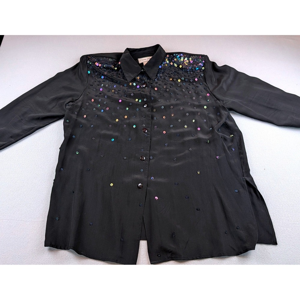 Diane Gilman Silk Sequin Blouse Black Iridescent Button Down Long Sleeve Large